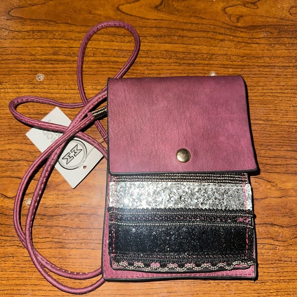 Moda West Handbags - Moda West Wine Purple Faux Leather Sequin Beaded Colorblock Mini Crossbody Bag